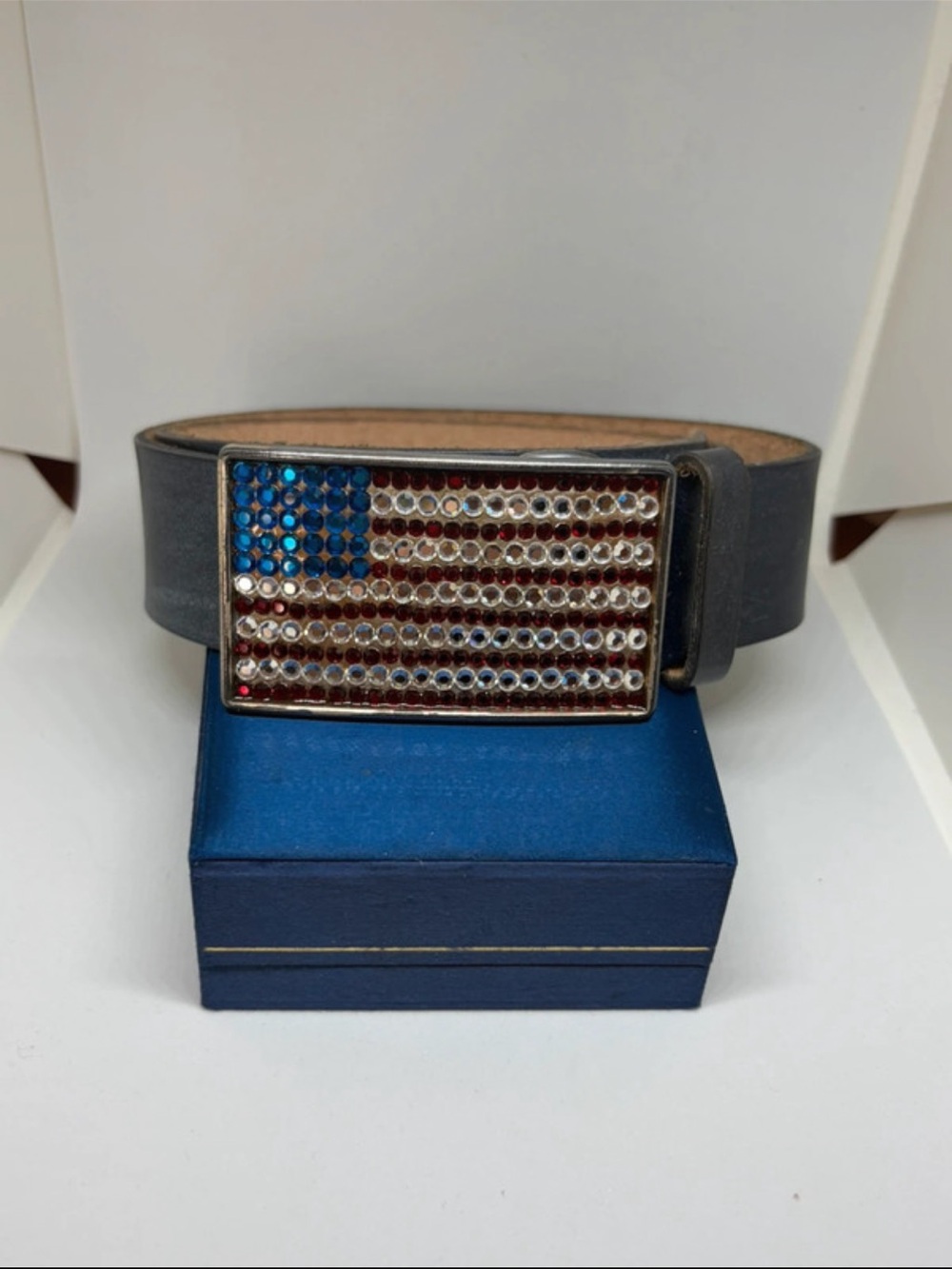BCBG Crystal American Flag Buckle Belt in Black